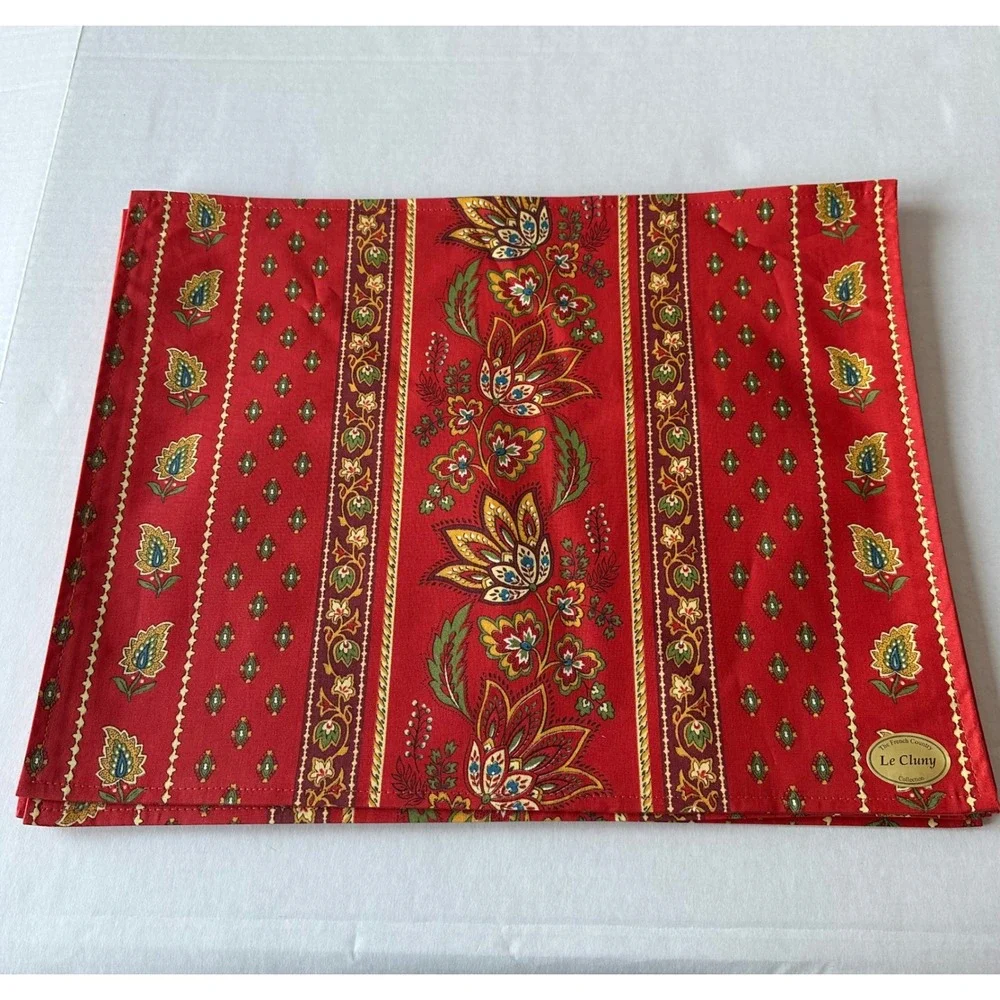 Le Cluny French Country Red Floral Stripe Treated Placemats Set of 4 Reversible